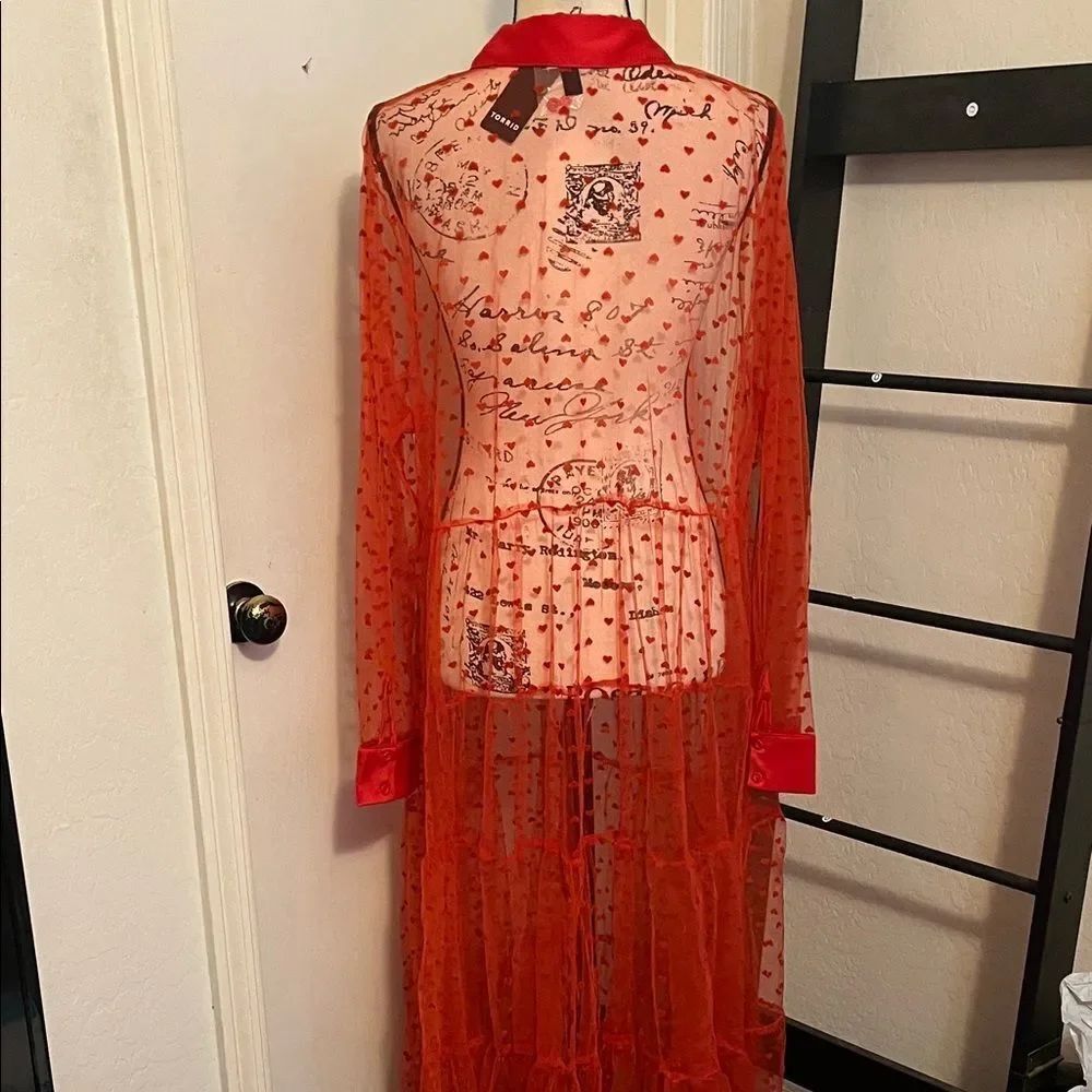 Torrid Heart Design Red Sheer Mesh Long Sleeve Button Kimono Romantic Modern NWT - Picture 9 of 16